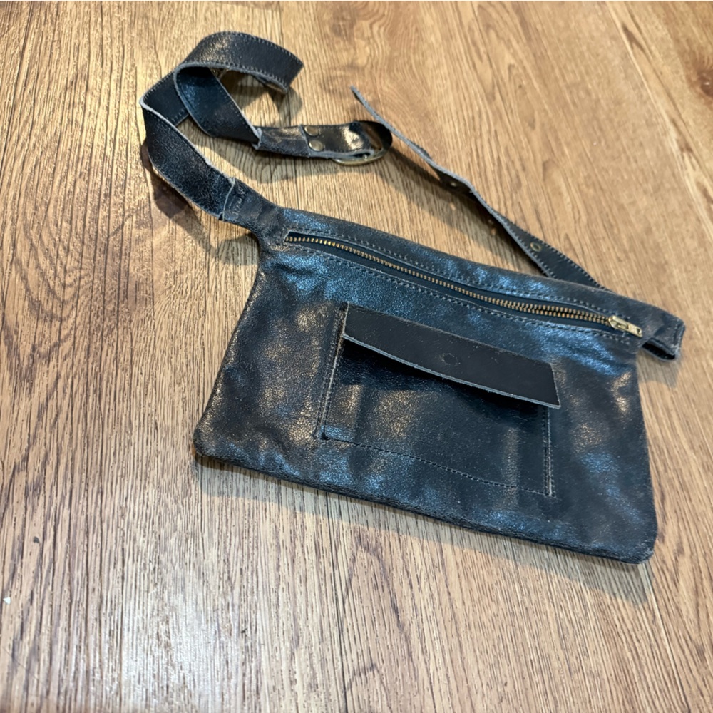 Distressed Black Leather Belt Bag / Crossbody Pouch